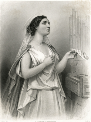 Saint Cecilia (2nd Century AD), Christian Martyr  and Patroness of Musicians, 1858 (engraving)