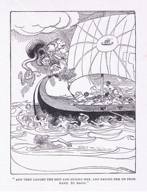 An they caught the ship and guided her, and passed her on from hand to hand, from The Heroes published by George Allen and Unwin 1929 (litho)