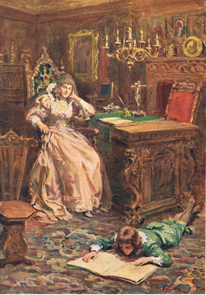 Anne of Austria, seated in a large easy chair, with her elbow resting on a table, from Twenty Years After published by George Harrap & Co Ltd 1929 (colour litho)