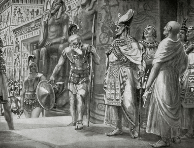 Agesilaus II of Sparta and the Athenian General Chabrias come into help the king Nectanebo I and his regent Teos against the Persians in 361 BC (engraving)
