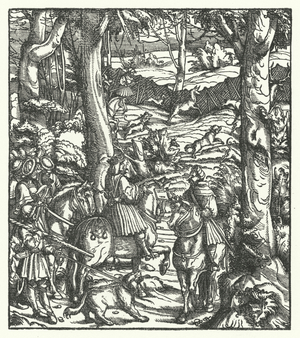Maximilian I, King of the Romans, receiving a message while hunting (engraving)