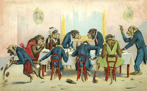 Anthropomorphism: monkeys having dinner (chromolitho)