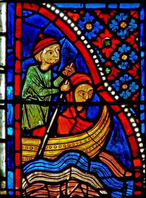 Window w21 depicting St Mary the Egyptian passes the river and begins penitence (stained glass)