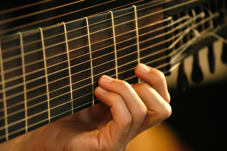 Theorbo fretboard and musician's fingers.