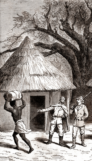 Explorers and porters in front of an African hut,1887 ('etching)