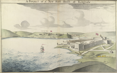 A view of Charles Fort at Kinsale on the right-hand side; ships on the water on the left; Kinsale in the distance; hills throughout the scene