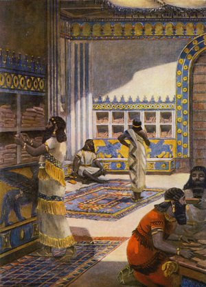The Famous Library of King Ashur-bani-pal at Nineveh (colour litho)
