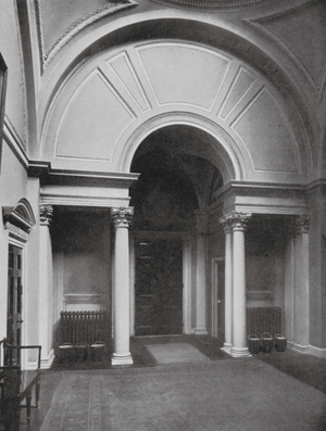 Bank of England: Court Room Suite, Entrance Hall, looking towards Doorway, 1774, Architect Taylor (b/w photo)