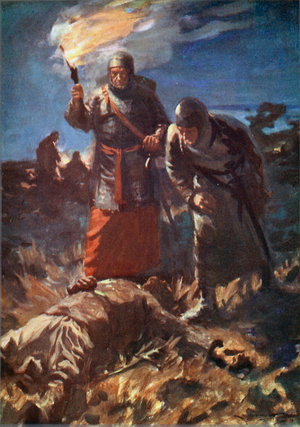 Searching for the body of Frederick Barbarossa, Battle of Legnano, Italy, 1176 (colour litho)