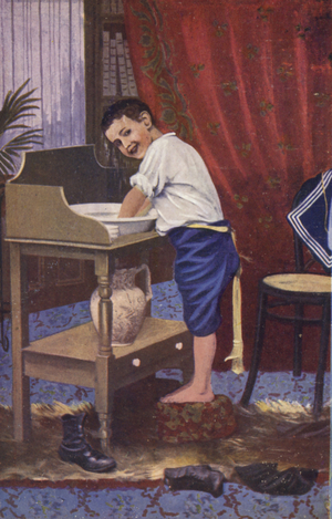Boy washing (colour litho)