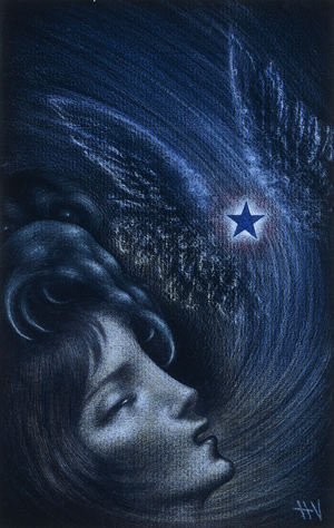 Portrait of a woman with wings and a star, 1948 (coloured crayons and gouache paint on black paper)
