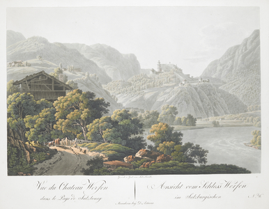 A road and the River Salzach in the foreground, with Hohenwerfen Castle, the town of Werfen and the Alps in the background