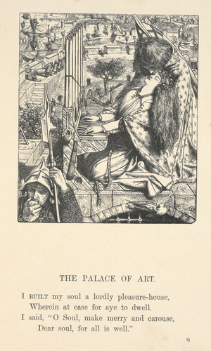 Illustration for 'the palace of art'. A couple embracing. A woman is playing an organ.