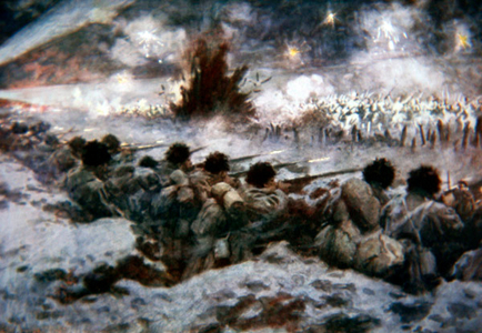 German night attack on Russian lines at Grodno, September 1915 (colour litho)