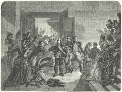 Louis XVIII leaving the Tuileries Palace after learning of Napoleon's return to France from Elba, 1815 (engraving)