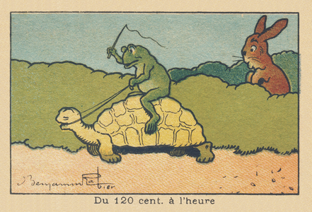 A frog sitting on the back of a turtle whips it up to make it move faster.” From 120 cm to an hour.” ,1936 (illustration)
