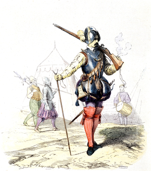 a musketeer in 1572, engraving by F.Philipoteaux and Deghouy for "history of the army" by Adrien Pascal in 1853