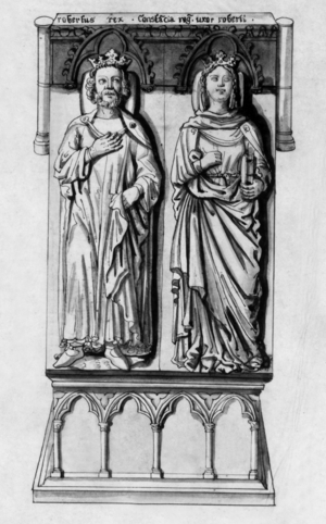 tomb of Robert II the Pious (970-1031, French king in 996-1031) and his 2nd wife Constance de Provence (?-1032) in saint Denis basilica, engraving, 18th century