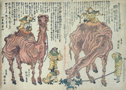 Japan: Camels and Musicians, woodblock painting by Utagawa Kuniyasu (1794-1832).