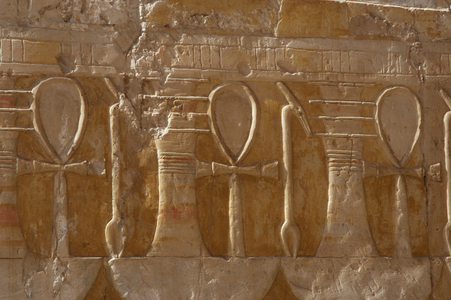 Reliefs depicting the ankh, uady and djed pillar. Deir el-Bahari. Egypt.