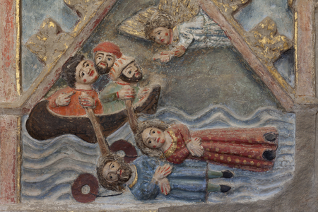 Altarpiece. polychrome stone. Second half 14th century. Origin former parish church of Torre de Rialb. Detail. Mid register. Right panel. The saints Iscle and Victoria thrown in the river Guadalquivir with a mill stone on their neck.