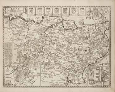 A map of the county of Kent. Published in 1714. Coats of arms of the county families.