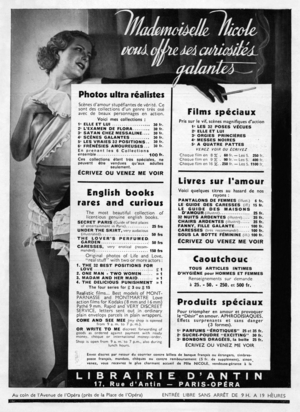 Advertisement for a bookshop in Paris (librairie d'Antin) from french magazine "Paris Magazine" 1937: photos, books, films, objects (sextoys)