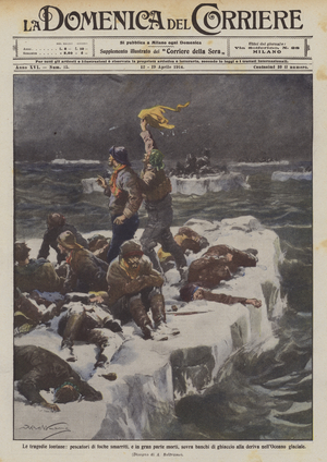 The distant tragedies, fishermen of lost, and largely dead seals, over ice floes  (colour litho)