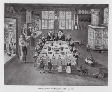 Zurich family at the lunch table, 1643 (engraving)