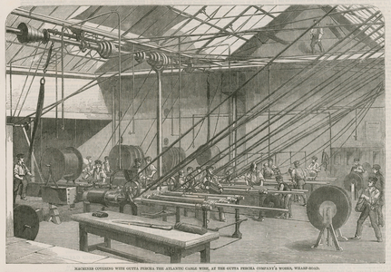 Machines covering with Gutta Percha the Atlantic Cable wire (engraving)