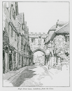 High Street Gate, Salisbury, from the Close (litho)
