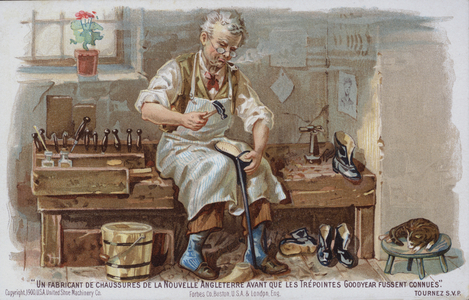 New England shoe maker from the time before the Goodyear welt was introduced (chromolitho)
