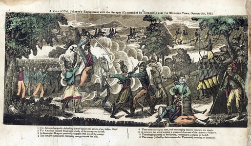 Woodcut print shows the battle between American forces under the command of Colonel Richard M. Johnson and Natives allied with the British under the command of Tecumseh, 1800 (woodcut)