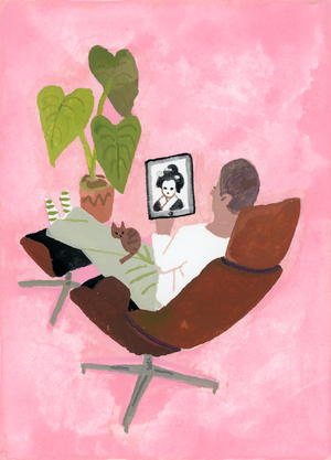A man watching geisha girl on the iPad, 2017 (painting)