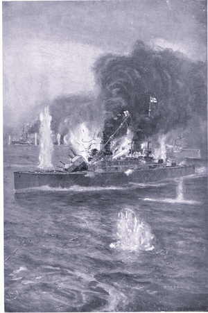 The Battle of Jutland: German battleship disabled by gunfire of HMS Warspite, illustration from European History: Great Leaders and Landmarks Vol 6 The Great War published by The Gresham Publishing Company, c.1920 (litho)