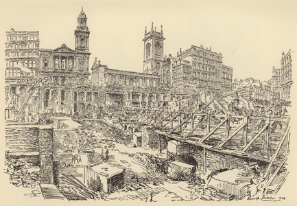 Devastation on Holborn Viaduct (litho)