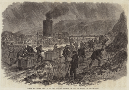 Filling the Cupola Shaft at the Oaks Colliery, Barnsley, to stop the Draught of Air (engraving)