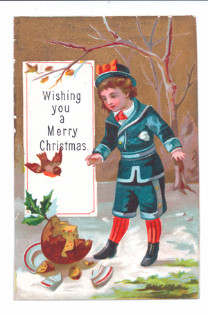 A Victorian Christmas card of a boy looking at a half eaten Chistmas pudding and broken plate in the snow, c.1880 (colour litho)