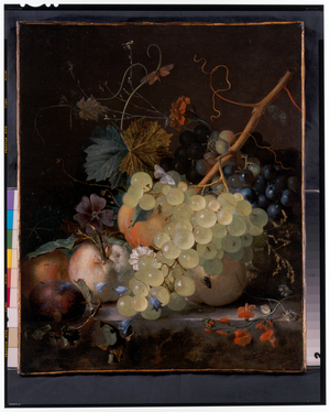 A Still Life Of Grapes and A Peach On A Stone Ledge, 17th-18th century (oil on canvas)