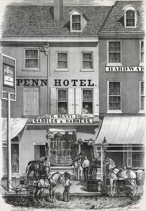 Penn Hotel & Denny's harness shop, printed by Frederick Kuhl, December 1848 (litho)



