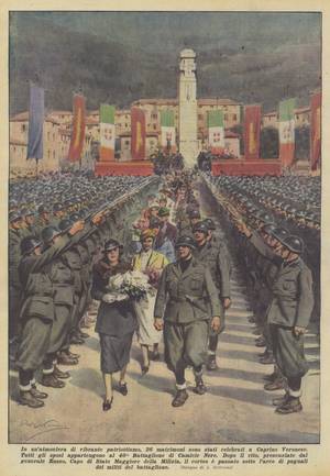 In an atmosphere of vibrant patriotism, 26 weddings were celebrated in Caprino Veronese (colour litho)