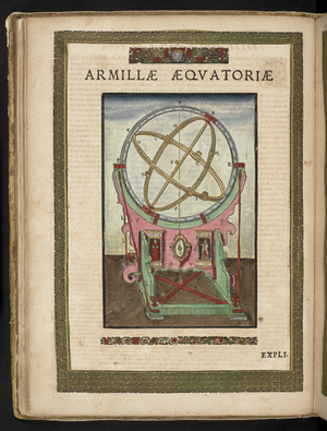 Armillæ æquatoriæEquatorial armillary instrument.Astronomiæ instauratæ mechanica.Tycho Brahe1598