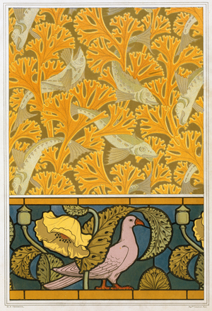 Designs for wallpaper  and stained glass: "Fish and Seaweed", "Pigeon and Poppies",  from 'L'Animal dans la Decoration' by Maurice Pillard Verneuil,  pub. 1897 (colour lithograph)