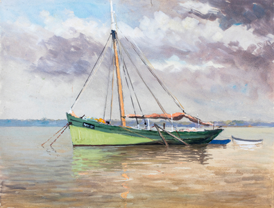 Barge at anchor on the Gironde estuary (gouache on paper)