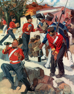 Entente Cordiale - English and French troops sharing gifts during Wellington's campaign in the Peninsula (colour litho)