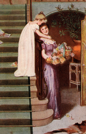 Girl embracing mother (colour litho)