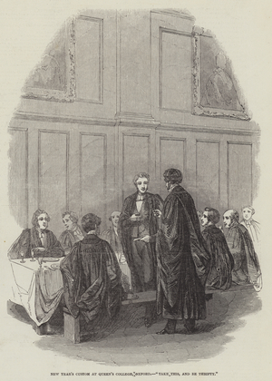 New Year's Custom at Queen's College, Oxford, "Take this, and be Thrifty" (engraving)