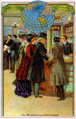 Economy. A travel agency in England. Illustration, France, c.1900.