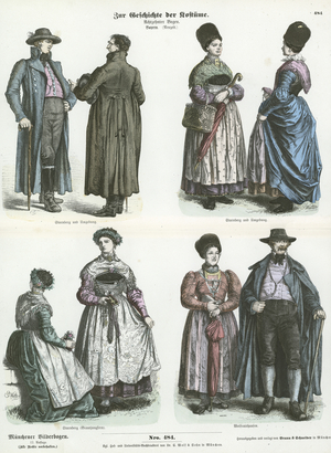 Bavarian costumes, 19th Century (coloured engraving)