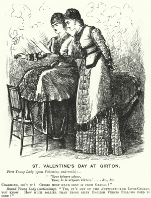Punch cartoon: St Valentine's Day at Girton (engraving)